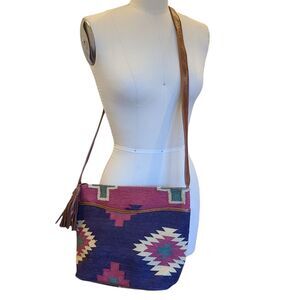 Southwest Aztec Boho Tapestry Crossbody Purse Western Rodeo Cowgirl Leather Trim